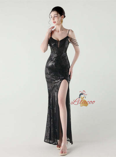 Mermaid Sequins Spaghetti Straps Split Beading Prom Dress