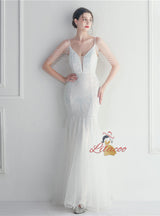 Mermaid Sequins Tulle Spaghetti Straps Beading Prom Dress