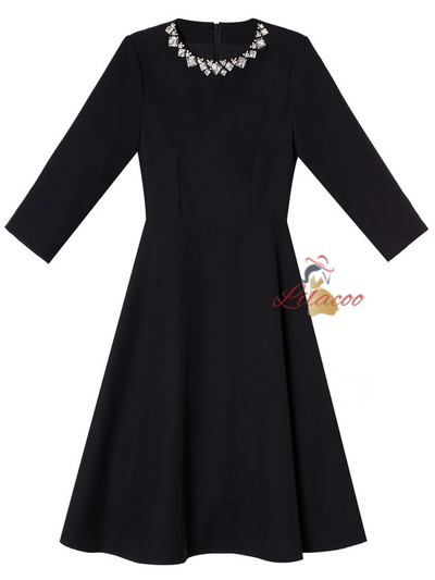 Black Scoop Neck 3/4 Sleeve Mother Of The Bride Dress