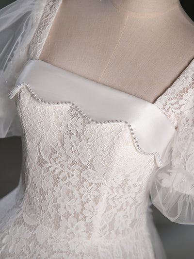 White Lace Puff Sleeve Square Neck Wedding Dress