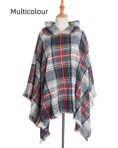 Double-sided Plaid Hooded Cloak Shawl