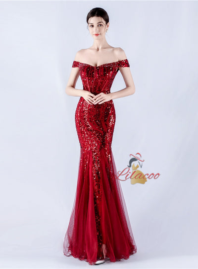 Mermaid Sequins Off the Shoulder Beading Prom Dress