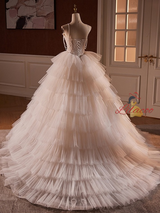 White Tulle Spaghetti Straps Tiers Wedding Dress
