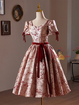 Burgundy Short Sleeve Print Homecoming Dress