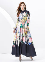 Printed Puff Sleeve Button Slim Dress