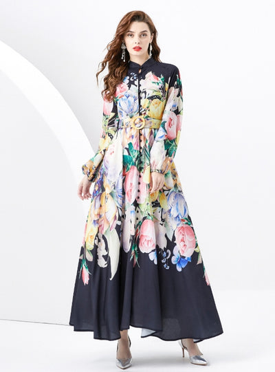 Printed Puff Sleeve Button Slim Dress