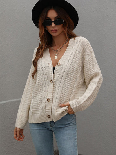 Loose Button Solid Color Twisted Rope Sweater