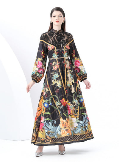 Retro Breasted Lace Print Dress