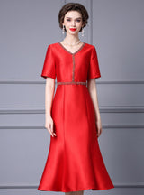 Burgundy Satin V-neck Mother Of The Bride Dress
