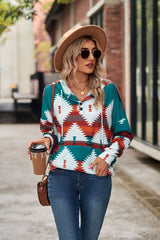 Geometric Pattern Long Sleeve Hooded Button Top