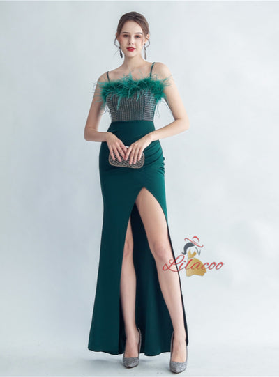 Spaghetti Straps Split Feather Prom Dress