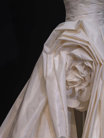 Ivory Satin Strapless Pleats Flower Wedding Dress