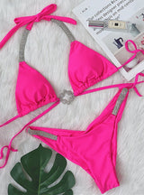 Sexy Strap Rhinestone Pleated Bikini