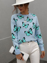 Printed Butterfly Round Neck Loose Sweater