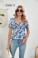 Printed Short-sleeved Pleated Buttons T-shirt