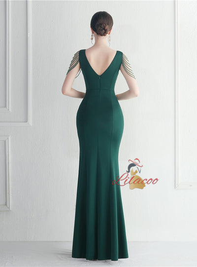 V-neck Mermaid Split Beading Prom Dress