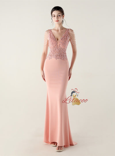 Mermaid V-neck Lace Beading Prom Dress
