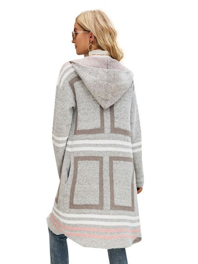 Hooded Plaid Knit Cardigan Striped Sweater