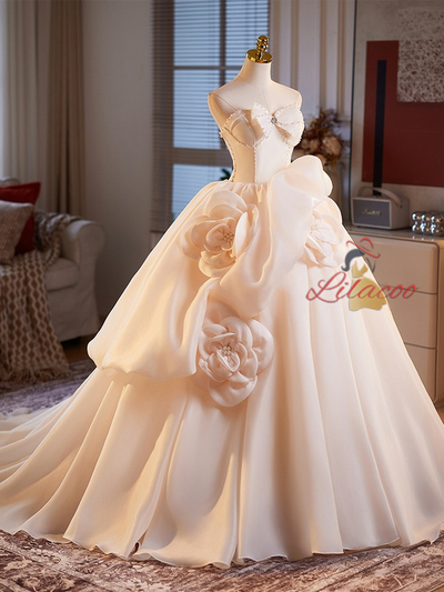 Champagne Tulle Strapless Flower Bow Wedding Dress