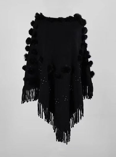 Fringed Fur Ball Round Neck Shawl Cloak
