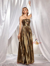 Gold Straps Pleats Prom Dress