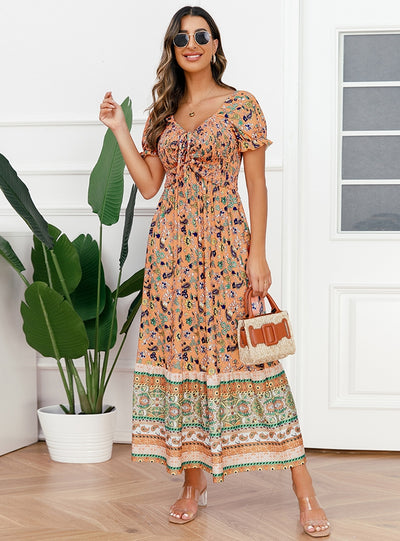 V-neck Puff Sleeves Drawstring Dress