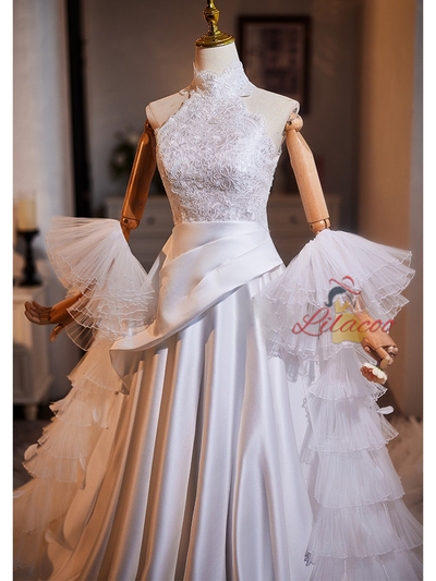 White Satin Lace High Neck Sleeveless Wedding Dress