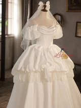 White Satin Lace Puff Sleeve Wedding Dress