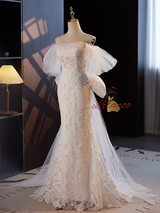 White Mermaid Lace Pearls Wedding Dress