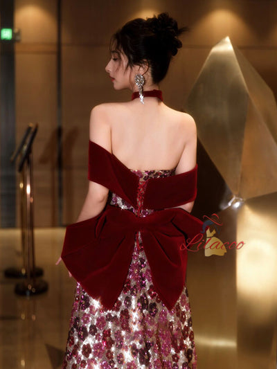 Burgundy Sequins Bow Prom Dress
