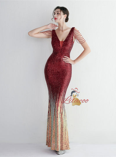 V-neck Sequins Beading Prom Dress