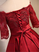 Burgundy Satin Short Sleeve Appliques Homecoming Dress