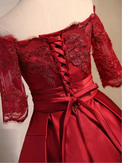 Burgundy Satin Short Sleeve Appliques Homecoming Dress