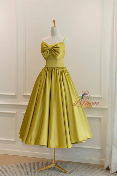Yellow Satin Spaghetti Straps Bow Prom Dress