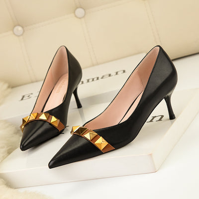 Thin Heels Metal Button Pointed Shoes