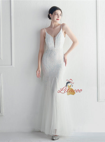 Spaghetti Straps Tulle Sequins Prom Dress