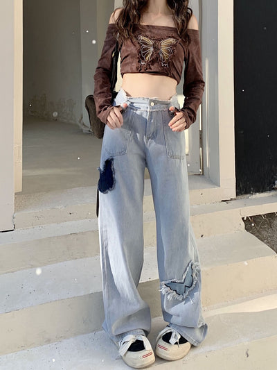 Wide-legged Butterfly High Waist Loose Straight Jeans