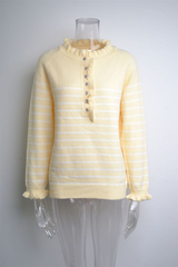 Button Wood Ear Striped Stitching Sweater