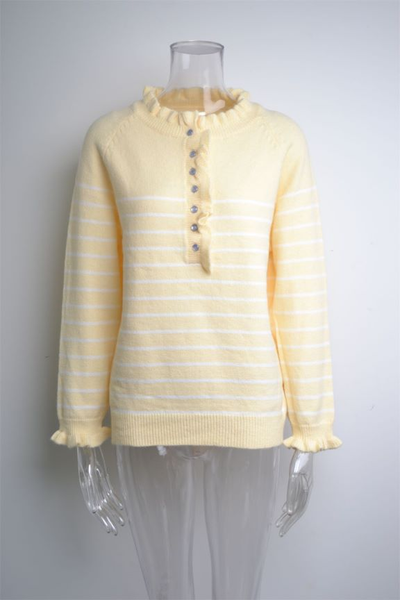 Button Wood Ear Striped Stitching Sweater