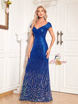 Blue Mermaid Sequins V-neck Prom Dress