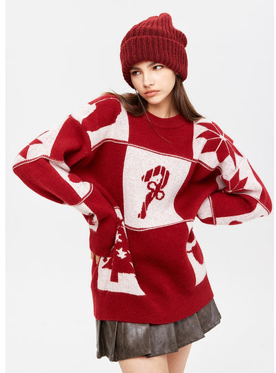Christmas Pattern Jacquard Round Neck Sweater