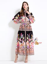 Palace Style Retro Flower Print Long Sleeves Dress