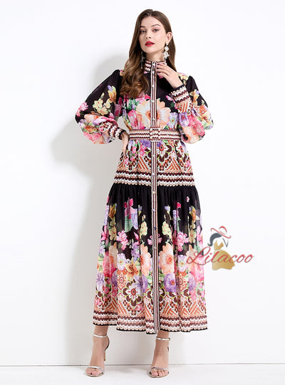 Palace Style Retro Flower Print Long Sleeves Dress