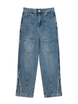 Pocket Wide-leg Raw Edges Pants Jeans