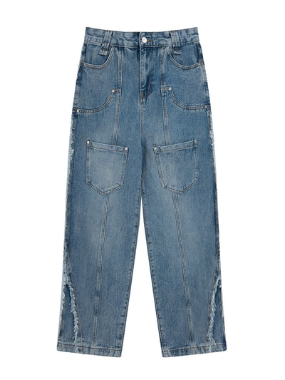 Pocket Wide-leg Raw Edges Pants Jeans