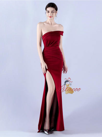 One Shoulder Pleats Split Prom Dress