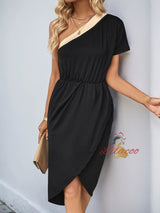 Irregular Color Matching One Shoulder Dress