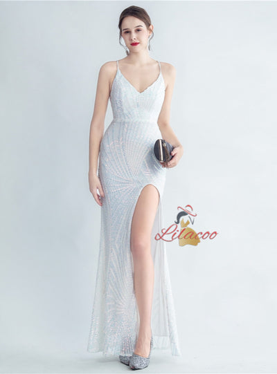 Sequins V-neck Backless Split Prom Dress