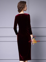 Burgundy Velvet Long Sleeve Mother Of The Bride Dress