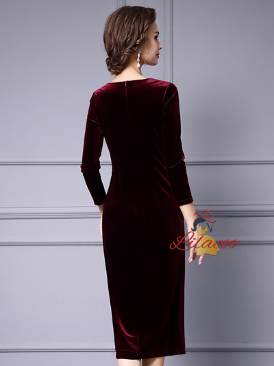 Burgundy Velvet Long Sleeve Mother Of The Bride Dress